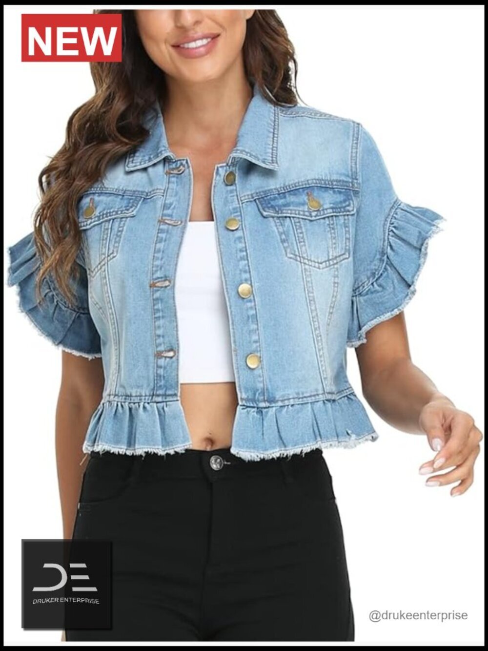 Ruffle Sleeve Cropped Denim Jacket Button Down Distressed